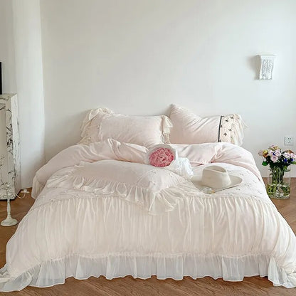Black White Flower Romantic Embroidered Ruffles French Duvet Cover, Velvet Fleece Bedding Set