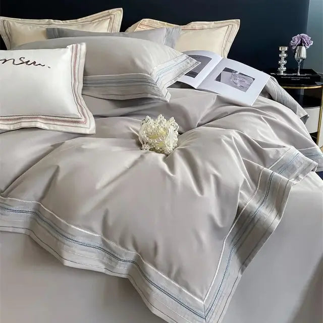 Purple Creamy Egyptian Cotton Brushed Luxury Stripe Embroidery Hotel Grade Duvet Cover Bedding Set
