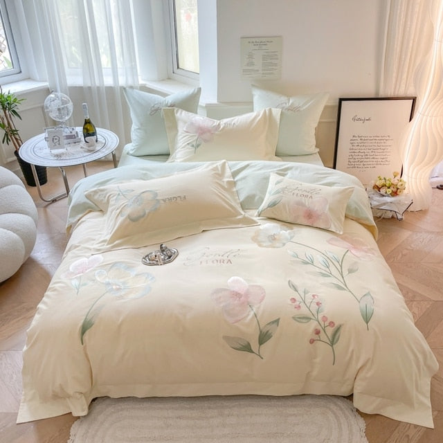 Pink Flowers Premium Embroidery Duvet Cover Set, 1000TC Egyptian Cotton Bedding Set