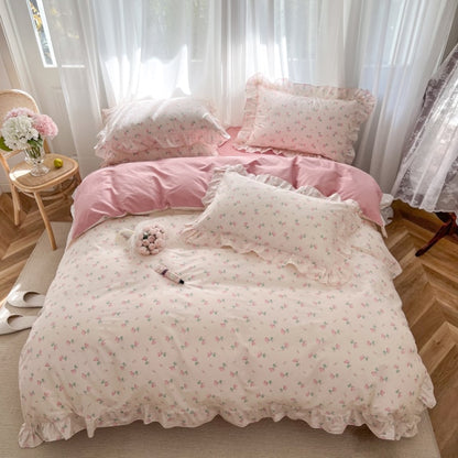 Purple Pink French Vintage Floral Printing Ruffles Duvet Cover Set, 100% Cotton Bedding Set