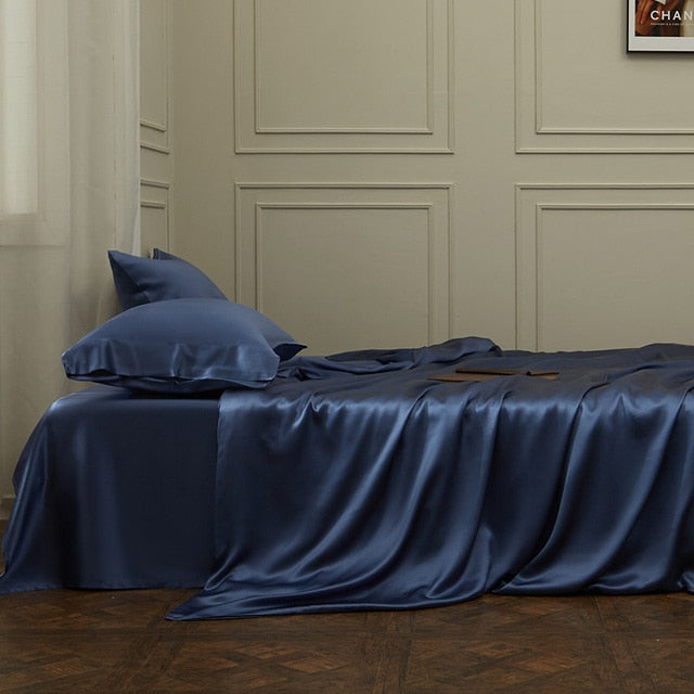 Luxury Dark Blue Yellow Mulberry Silk European Duvet Cover Set, 100% Silk Bedding Set