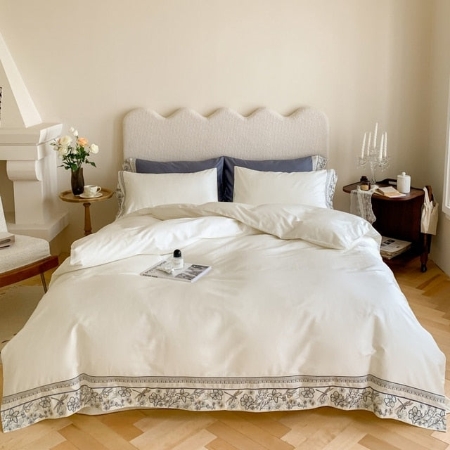 White Blue Flowers Dragonfly Europe Satin Duvet Cover Set,1000TC Egyptian Cotton Bedding Set