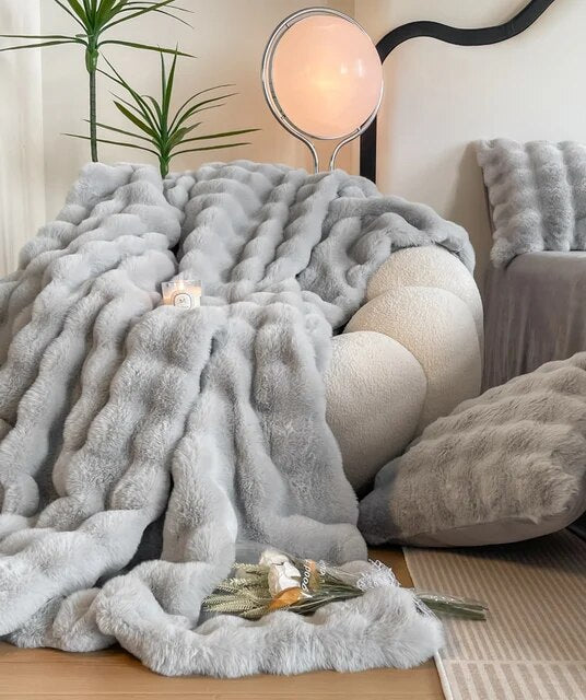 Grey Pink Fur Velvet Fleece Plush Blanket Double Layer for Bedding Home Decor