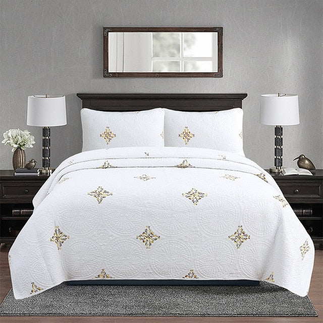 White Gold Royal European Cotton Luxury Quilted Bedspread Bohemian Coverlet Bedding Set