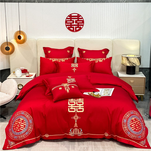 Luxury Red Dragon Tail Peacock Phoenix Wedding Duvet Cover Set, Polyester Bedding Set