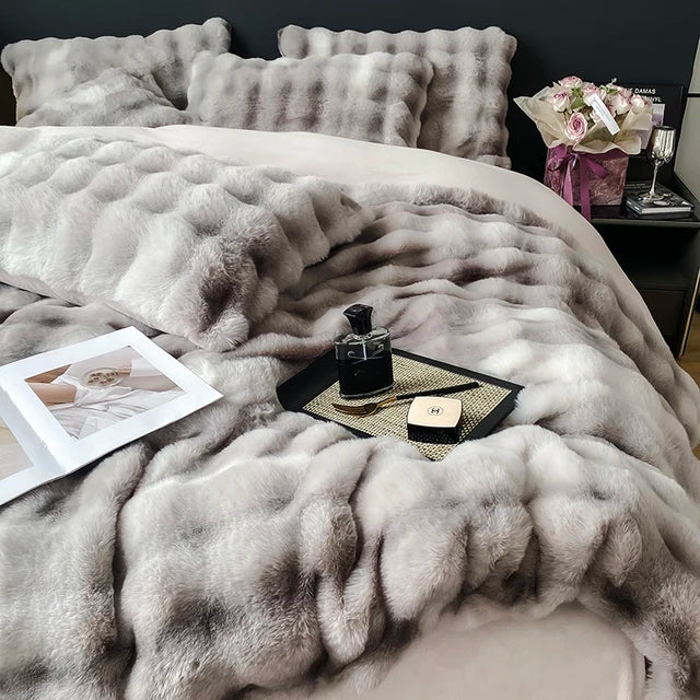 Premium Gradient Fur Autumn Winter Plush Cozy Duvet Cover Bedding Set