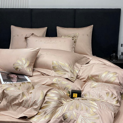 Gold Pink Cotton 100% Luxury Flower Embroidered Wedding Duvet Cover Bedding Set