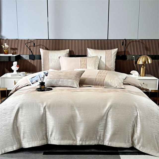 Silver Pink Satin Luxury Jacquard Cotton Hotel Duvet Cover Bedding Set