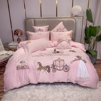 Thumbnail for Princess White Pink Lace Skirt Castle Embroidered Duvet Cover Set, Silk Cotton Bedding Set for Girls