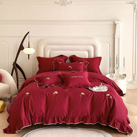 Thumbnail for White Red Burgundy French Flower Embroidered Lace Ruffles Duvet Cover Set, 1000TC Egyptian Cotton Bedding Set