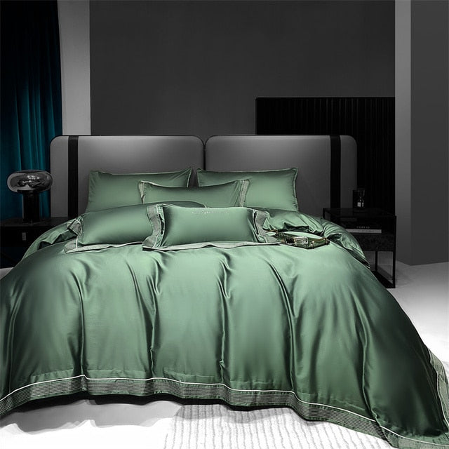 Premium Grey Green Luxury European Striped Top Grade Embroidery Duvet Cover, 2000TC Egyptian Cotton Bedding Set