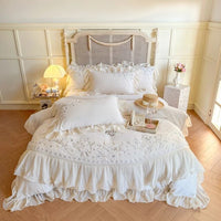 Thumbnail for Soft Pink Flowers Embroidery Romantic Lace Ruffles Duvet Cover, Velvet Fleece Bedding Set