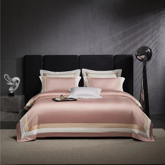 Luxury Creamy Gold Hotel Grade Long Striped Duvet Cover, Egyptian Cotton 1000TC Bedding Set