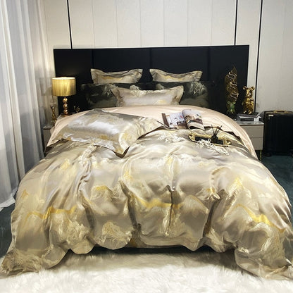 Luxury Black Gold Marble Jacquard Leopard Print Patchwork Duvet Cover, Egyptian Cotton 1000TC Bedding Set