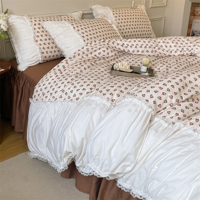 French Vintage White Green Patchwork Floral Ruffles Duvet Cover Set, 400TC Cotton Bedding Set