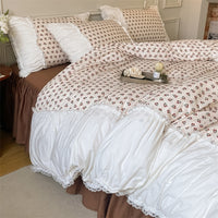 Thumbnail for French Vintage White Green Patchwork Floral Ruffles Duvet Cover Set, 400TC Cotton Bedding Set