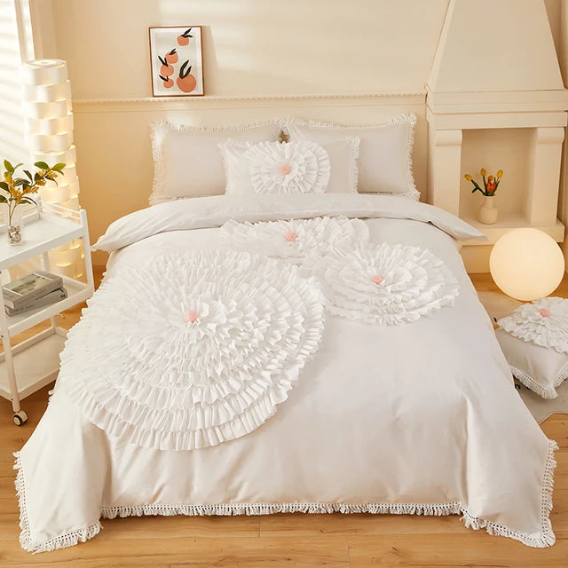 Pink Coffee Brushed Cotton Handwork Flowers Embroidery Duvet Cover Bedding Set
