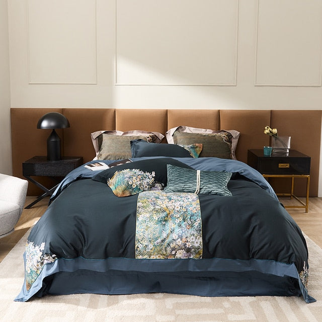 Luxury White Dark Blue Garden Flower Quilt Soft Duvet Cover Set, 1000TC Egyptian Cotton Bedding Set