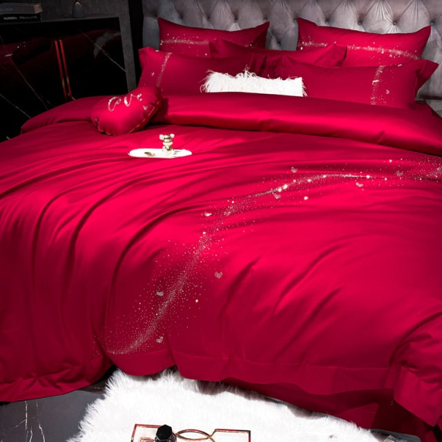 Luxury Pink Red Meteor Stars Duvet Cover Set, 1000TC Egyptian Cotton Bedding Set