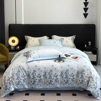 Thumbnail for White Blue Flowers Pattern Embroidery Soft Family Duvet Cover Set, 100% Cotton Bedding Set