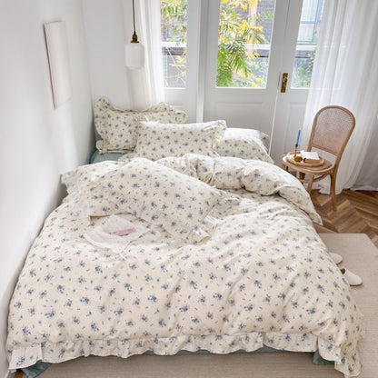 Purple Pink French Vintage Floral Printing Ruffles Duvet Cover Set, 100% Cotton Bedding Set