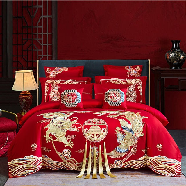 Luxury Heaven Red Gold Phoenix Wedding Embroidery Duvet Cover Egyptian Cotton Bedding Set