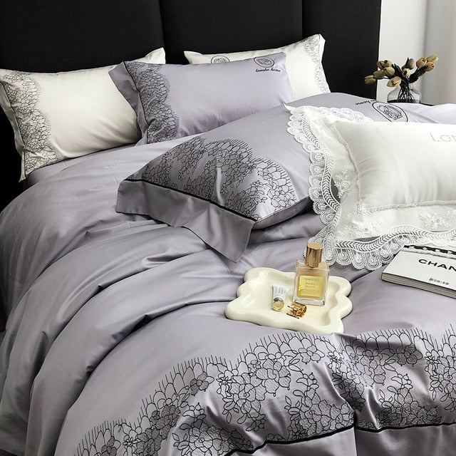 Chic White Black Europe Lace Embroidery Soft Duvet Cover, 1000TC Egyptian Cotton Bedding Set