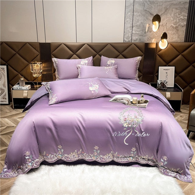 Pink Green Luxury Europe Elegant Floral Embroidery Duvet Cover, 1000TC Egyptian Cotton Bedding Set