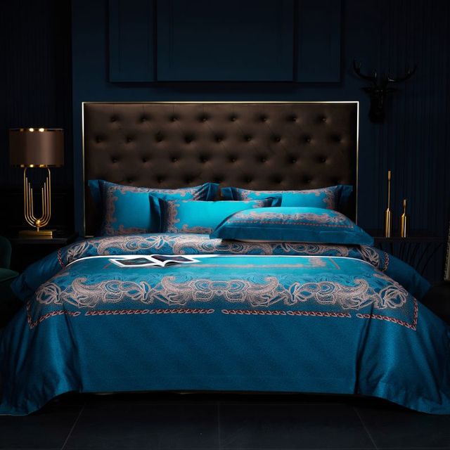 Luxury Brown Blue Baroque European Palace Silky Boho Duvet Cover Set, 1000TC Egyptian Cotton Bedding Set