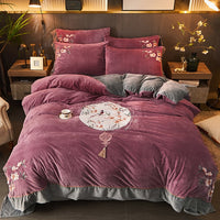 Thumbnail for Pink Grey Oriental Flowers Bird Embroidered Velvet Fleece Duvet Cover Bedding Set
