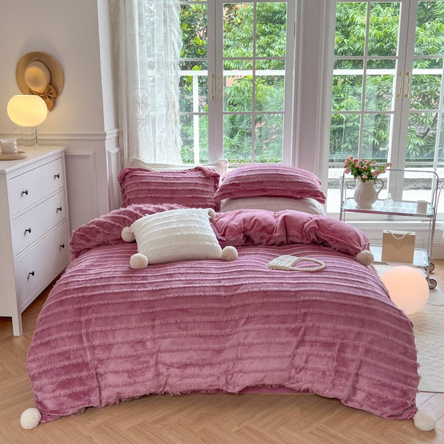 Pink Purple Super Soft Warm Princess Tassel Duvet Cover Set, Velvet Fleece Bedding Set