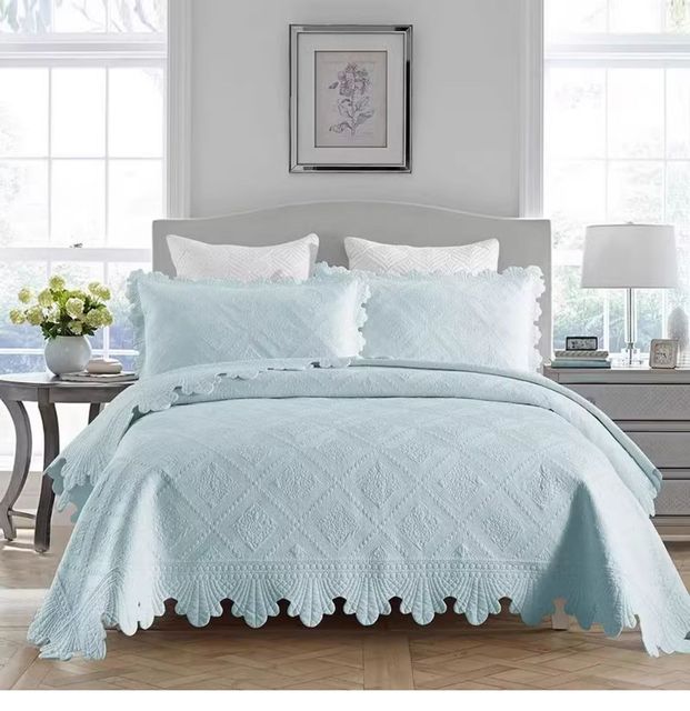 White Brown Luxury 100%Cotton Quilted Bedspread Embroidery Bedding Set