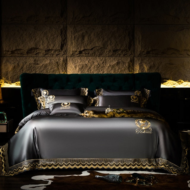 Luxury Gold Silk Smooth Embroidery Duvet Cover Set, Egyptian Cotton 1200TC Bedding Set
