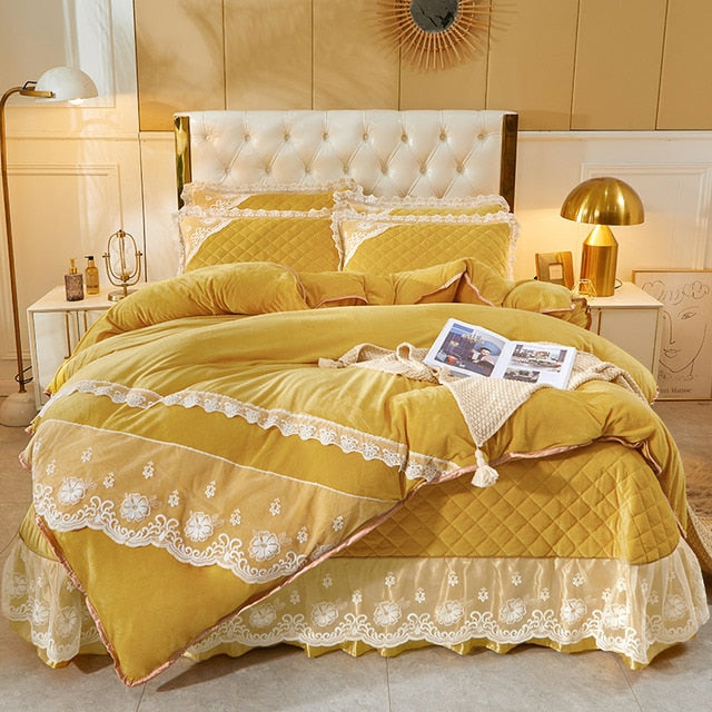 Luxury Yellow Pink Warm Velvet Fleece Lace Ruffles Quilted Bedspread Bedding Set