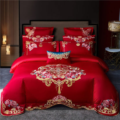 Red Gold Dragon Phoenix Wedding Long Embroidery Duvet Cover Set, Egyptian Cotton 600TC Bedding Set