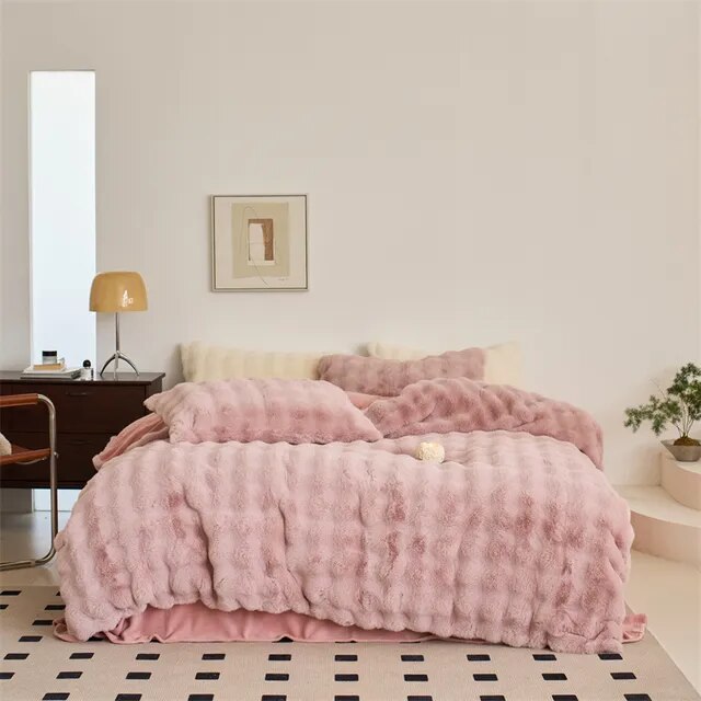 Luxury Pure Creamy Pink Velvet Fleece Plush Warm Girls Child Duvet Cover Bedding Set
