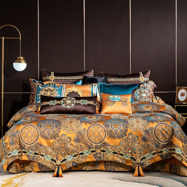 Luxury Lion Gold Vintage Silk Jacquard European Duvet Cover Set, Egyptian Cotton 1200TC Bedding Set