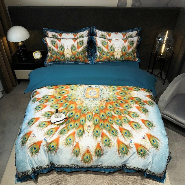 Premium Peacock Boho Digital Printing Smooth Soft Silky Duvet Cover Set, Polyester 600TC Bedding Set