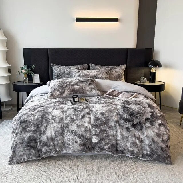 Black White Gradient Soft Faux Fur Velvet Fleece Nordic Duvet Cover Bedding Set