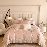 Thumbnail for Pink Gold Romantic French Palace Rose Flower Chiffon Lace Duvet Cover, 1000TC Egyptian Cotton Bedding Set