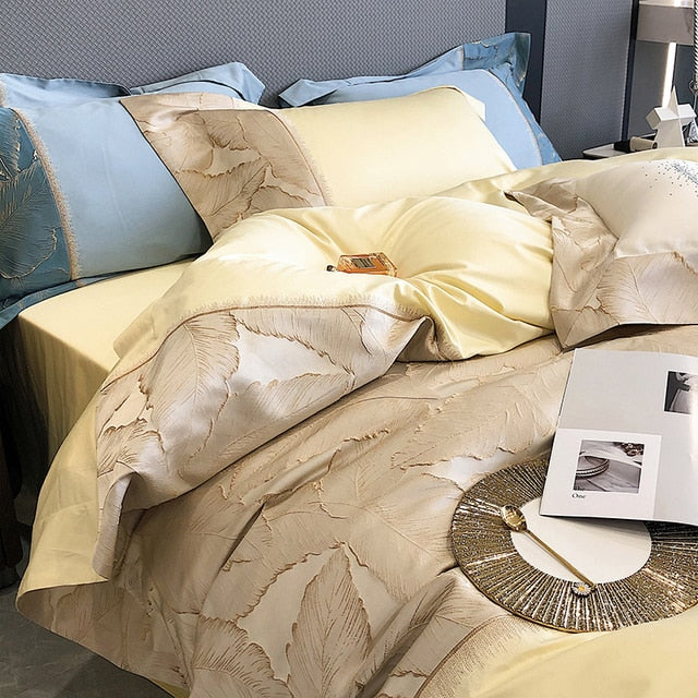 Luxury Green Gold Leaves Satin Jacquard Patchwork Europe Duvet Cover, Egyptian Cotton 1000TC Bedding Set