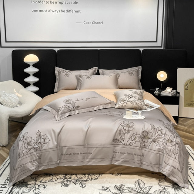 Luxury Brown Grey Flower Europe Embroidered Duvet Cover Set, 600TC Egyptian Cotton Bedding Set