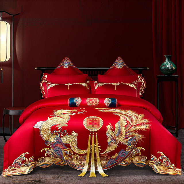 Luxury Dragon Phoenix Red Gold Tassel Wedding Wealth Duvet Cover Set, Egyptian Cotton 1000TC Bedding Set