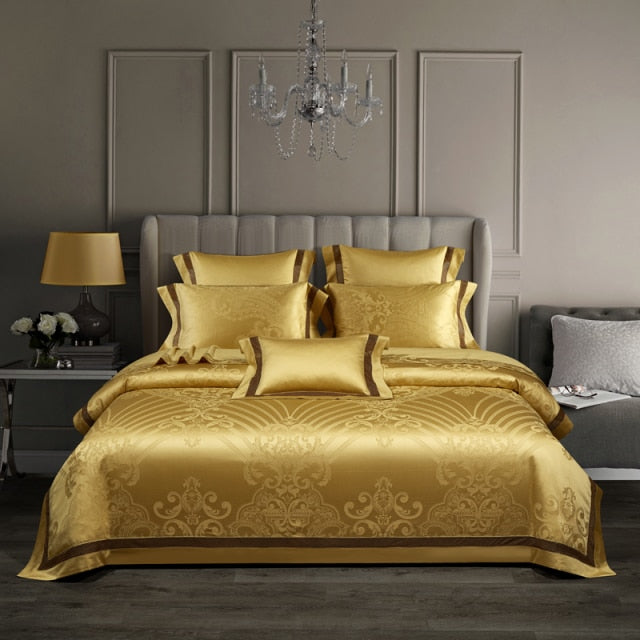 Luxury Gold Red Silk Jacquard Baroque Europe Duvet Cover Set, 1200TC Egyptian Cotton Bedding Set