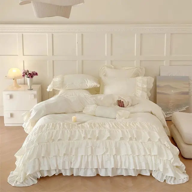 Romantic Europe Princess Cotton Pleat Ruffles Wedding Girl Bedding Set