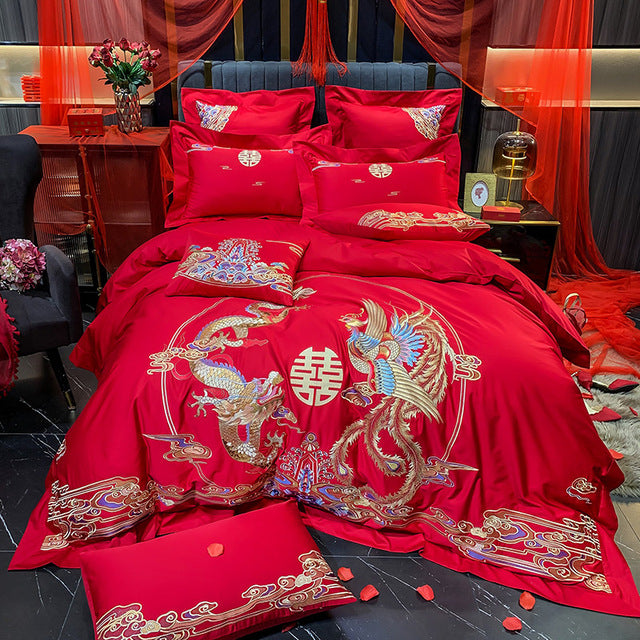 Luxury Red Peacock Elegant Phoenix Embroidered Wedding Duvet Cover Set, 600TC Egyptian Cotton Bedding Set