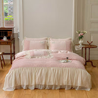 Thumbnail for Pink White Wedding Europe Embroidery Double Lace Ruffle Duvet Cover, 1000TC Egyptian Cotton Bedding Set