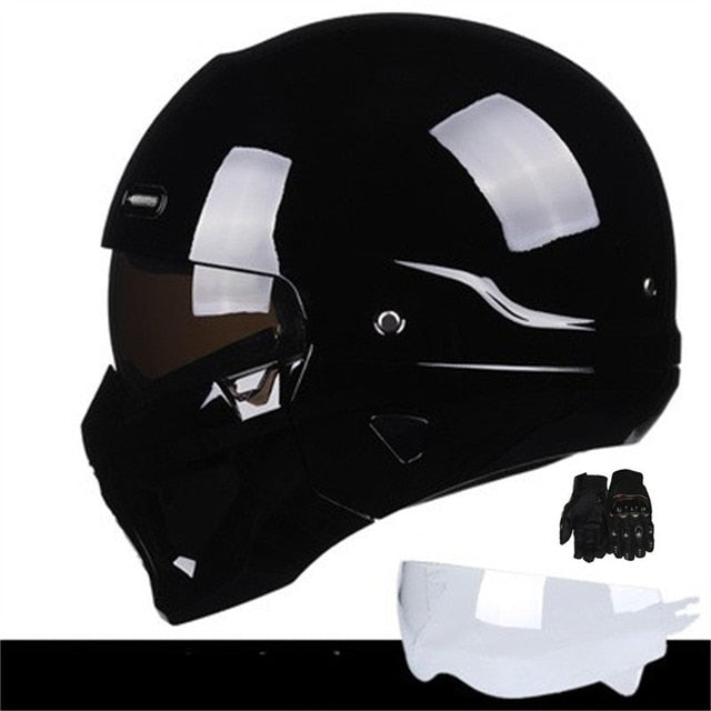 White Black Matte Half Face Motorcycle Helmets with Glove Vintage Sport