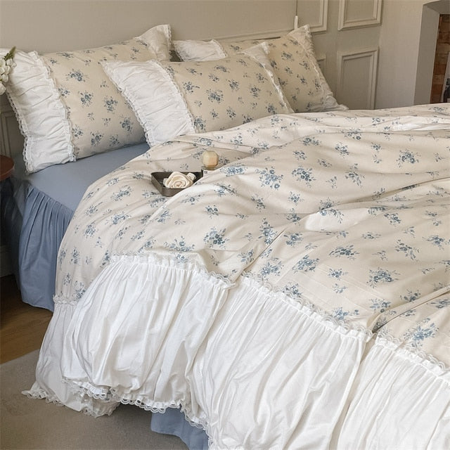 French Vintage White Green Patchwork Floral Ruffles Duvet Cover Set, 400TC Cotton Bedding Set