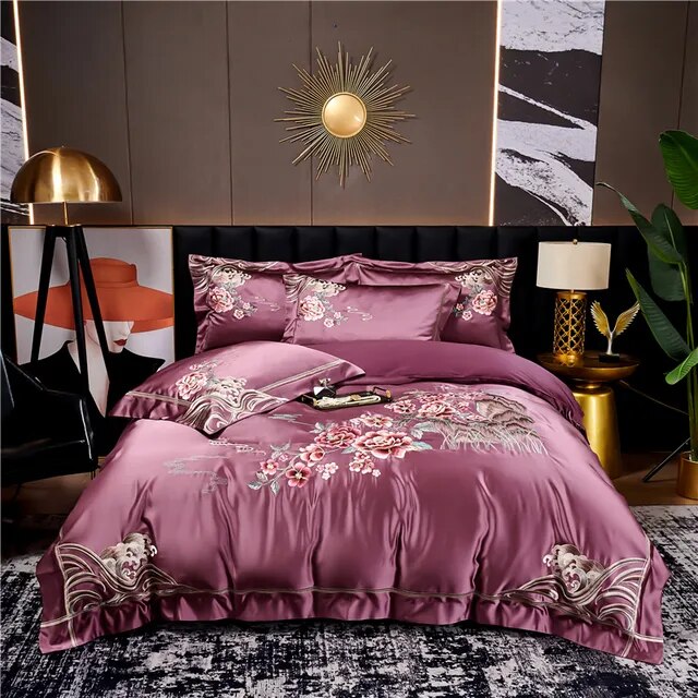 Red Gold Luxury Egyptian Cotton Peony Flower Embroidery Duvet Cover Bedding Set